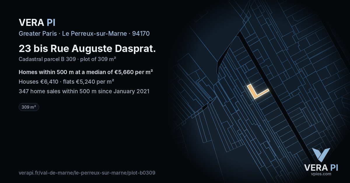 23 bis Rue Auguste Dasprat, Le Perreux-sur-Marne at night – the plot lit, the parcels around coloured by the prices near them