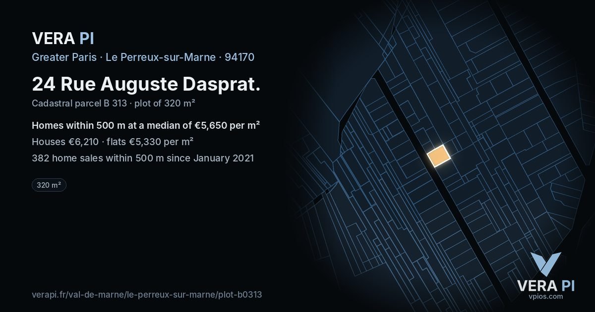 24 Rue Auguste Dasprat, Le Perreux-sur-Marne at night – the plot lit, the parcels around coloured by the prices near them