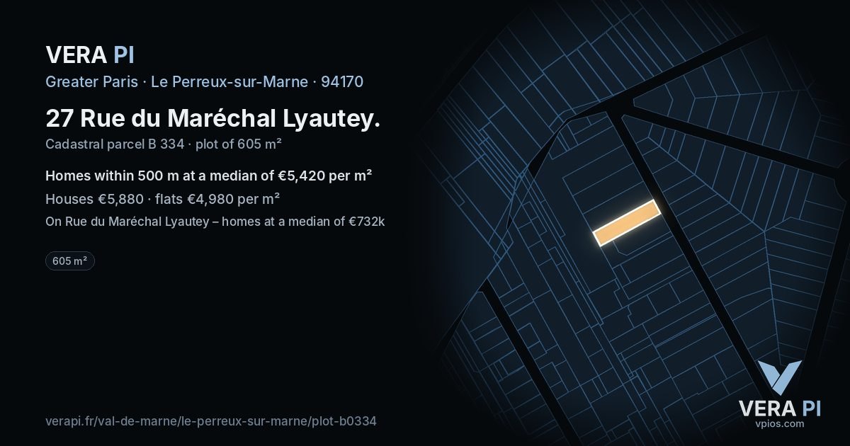 27 Rue du Maréchal Lyautey, Le Perreux-sur-Marne at night – the plot lit, the parcels around coloured by the prices near them