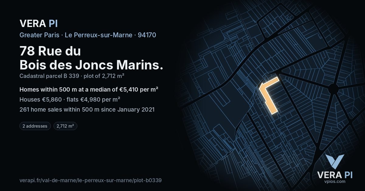 78 Rue du Bois des Joncs Marins, Le Perreux-sur-Marne at night – the plot lit, the parcels around coloured by the prices near them