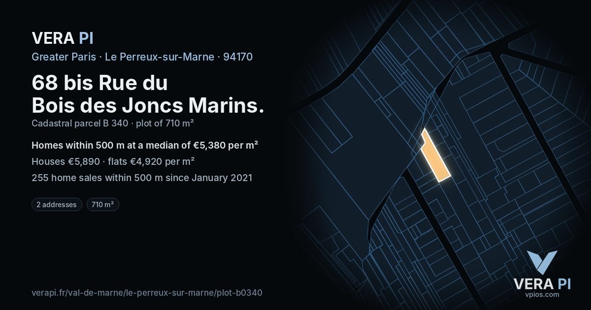 68 bis Rue du Bois des Joncs Marins, Le Perreux-sur-Marne at night – the plot lit, the parcels around coloured by the prices near them