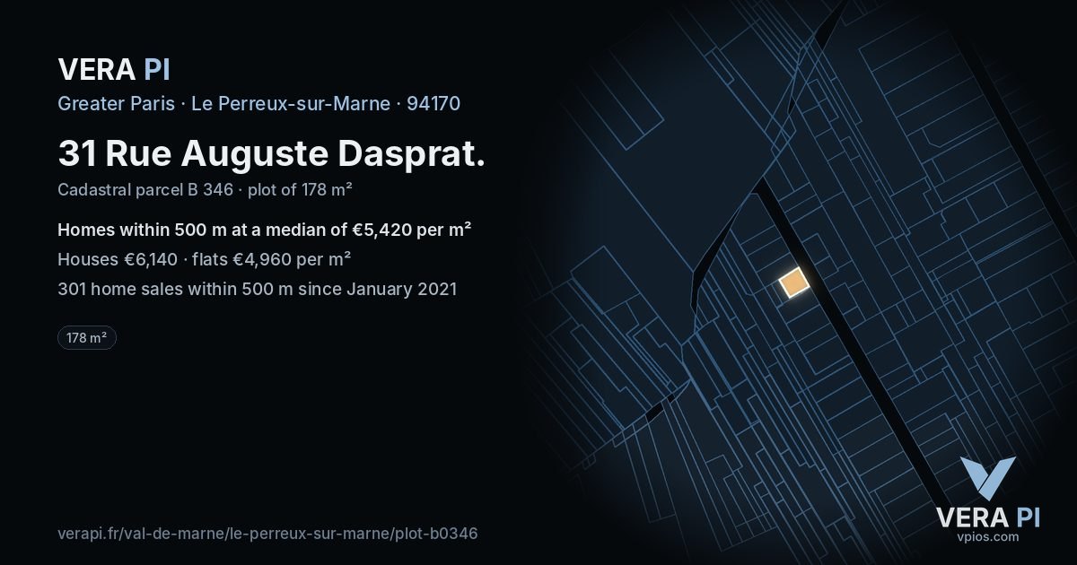 31 Rue Auguste Dasprat, Le Perreux-sur-Marne at night – the plot lit, the parcels around coloured by the prices near them