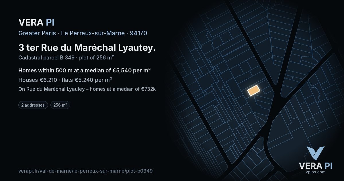 3 ter Rue du Maréchal Lyautey, Le Perreux-sur-Marne at night – the plot lit, the parcels around coloured by the prices near them