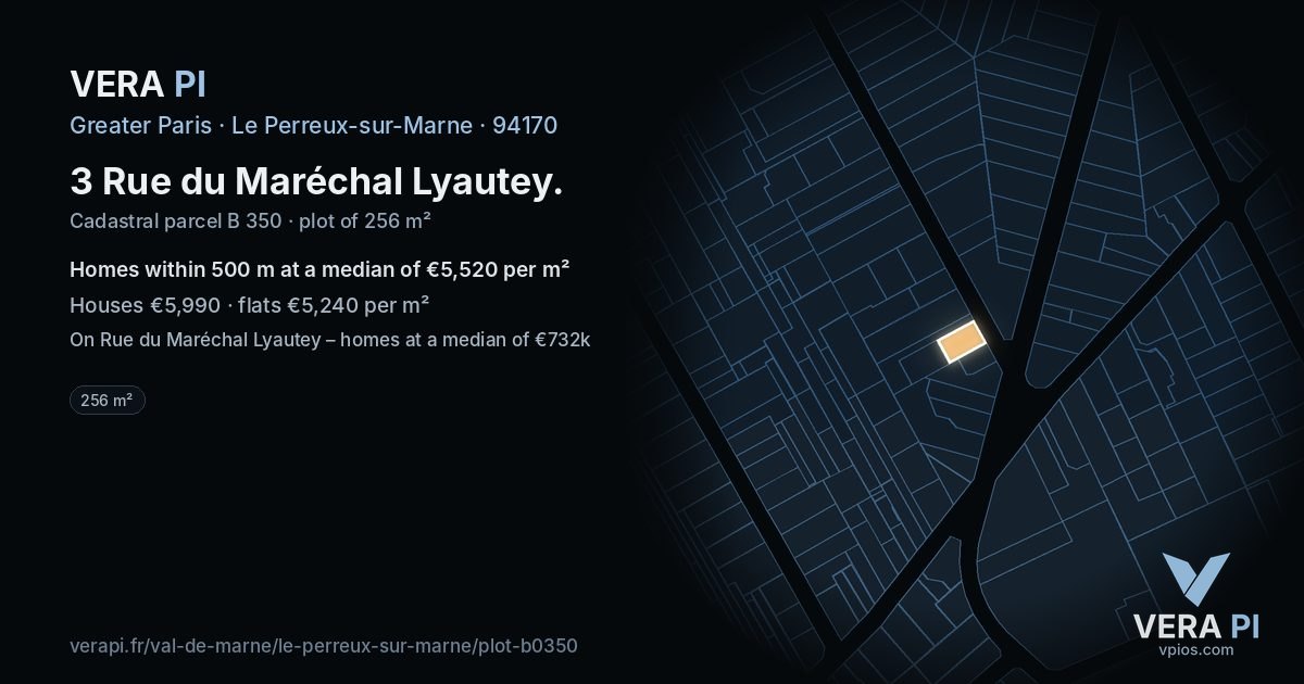 3 Rue du Maréchal Lyautey, Le Perreux-sur-Marne at night – the plot lit, the parcels around coloured by the prices near them