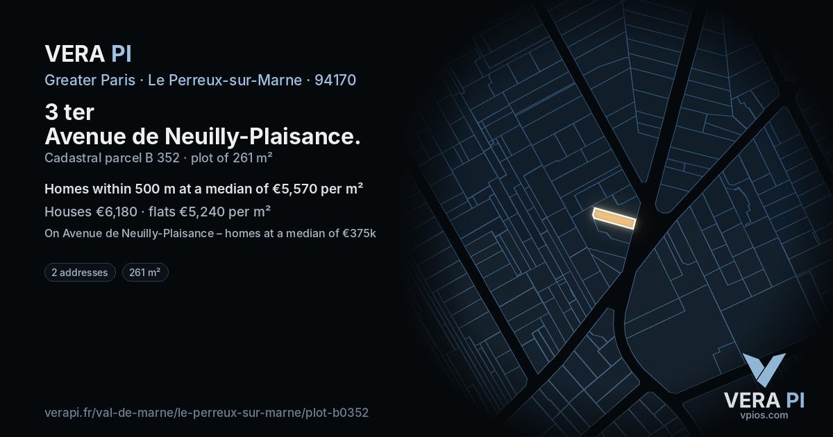 3 ter Avenue de Neuilly-Plaisance, Le Perreux-sur-Marne at night – the plot lit, the parcels around coloured by the prices near them