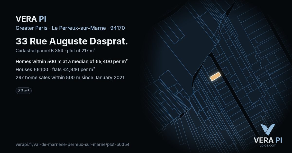 33 Rue Auguste Dasprat, Le Perreux-sur-Marne at night – the plot lit, the parcels around coloured by the prices near them