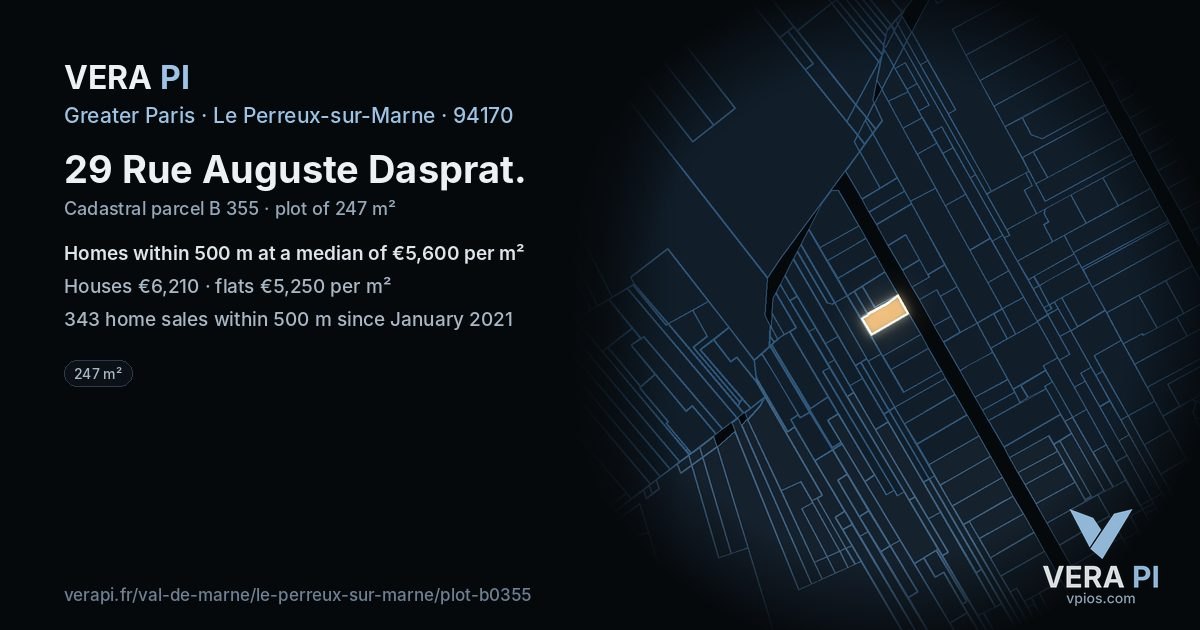 29 Rue Auguste Dasprat, Le Perreux-sur-Marne at night – the plot lit, the parcels around coloured by the prices near them