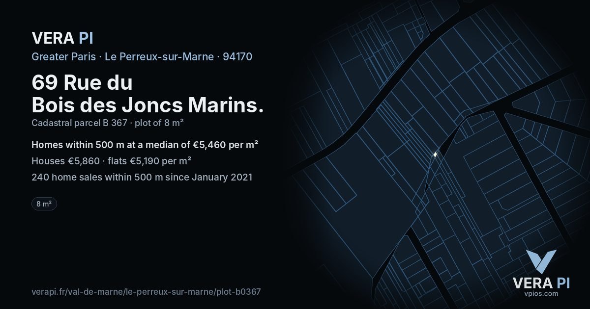 69 Rue du Bois des Joncs Marins, Le Perreux-sur-Marne at night – the plot lit, the parcels around coloured by the prices near them