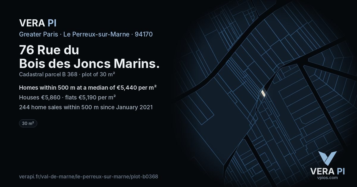 76 Rue du Bois des Joncs Marins, Le Perreux-sur-Marne at night – the plot lit, the parcels around coloured by the prices near them