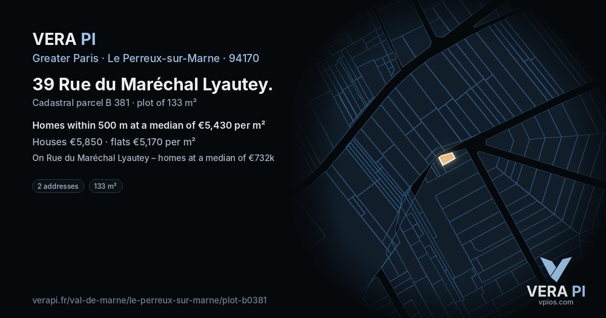 39 Rue du Maréchal Lyautey, Le Perreux-sur-Marne at night – the plot lit, the parcels around coloured by the prices near them