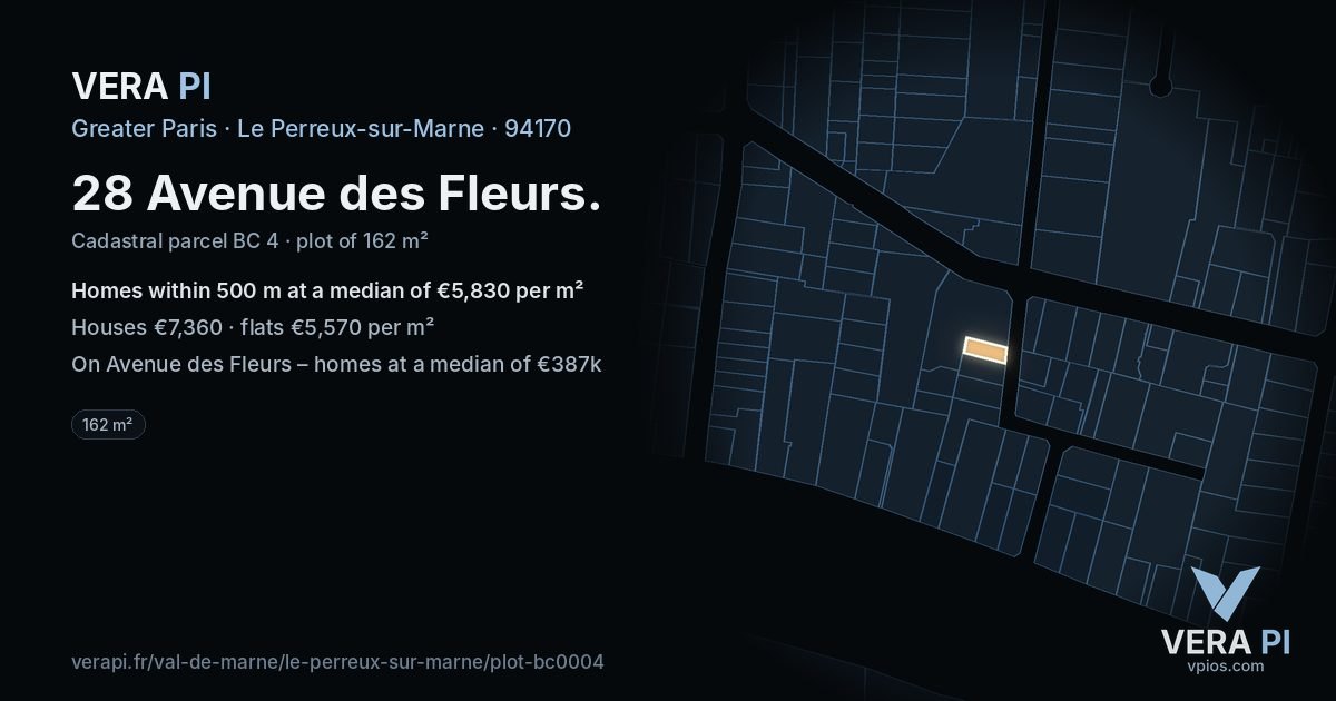 28 Avenue des Fleurs, Le Perreux-sur-Marne at night – the plot lit, the parcels around coloured by the prices near them