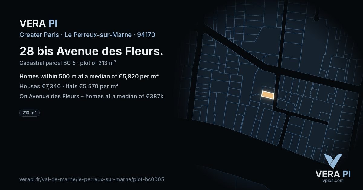 28 bis Avenue des Fleurs, Le Perreux-sur-Marne at night – the plot lit, the parcels around coloured by the prices near them