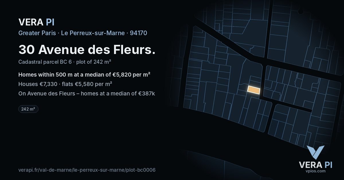 30 Avenue des Fleurs, Le Perreux-sur-Marne at night – the plot lit, the parcels around coloured by the prices near them