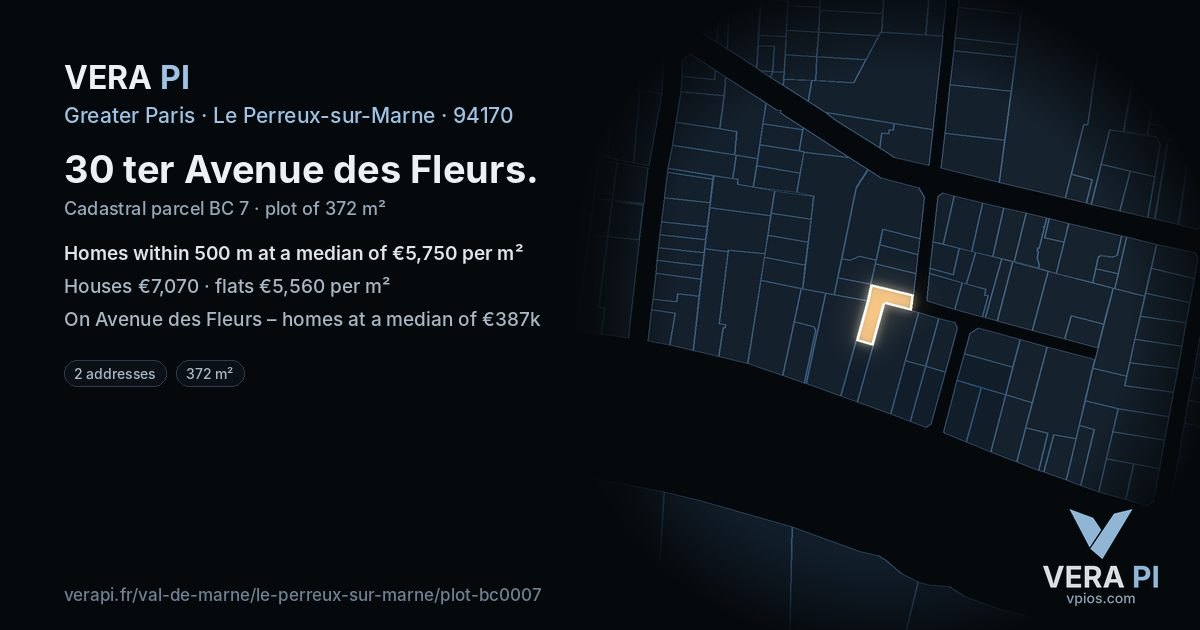 30 ter Avenue des Fleurs, Le Perreux-sur-Marne at night – the plot lit, the parcels around coloured by the prices near them
