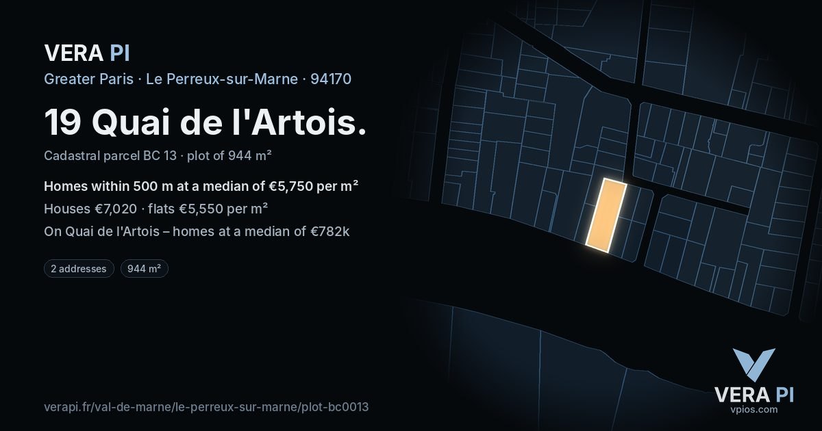 19 Quai de l'Artois, Le Perreux-sur-Marne at night – the plot lit, the parcels around coloured by the prices near them
