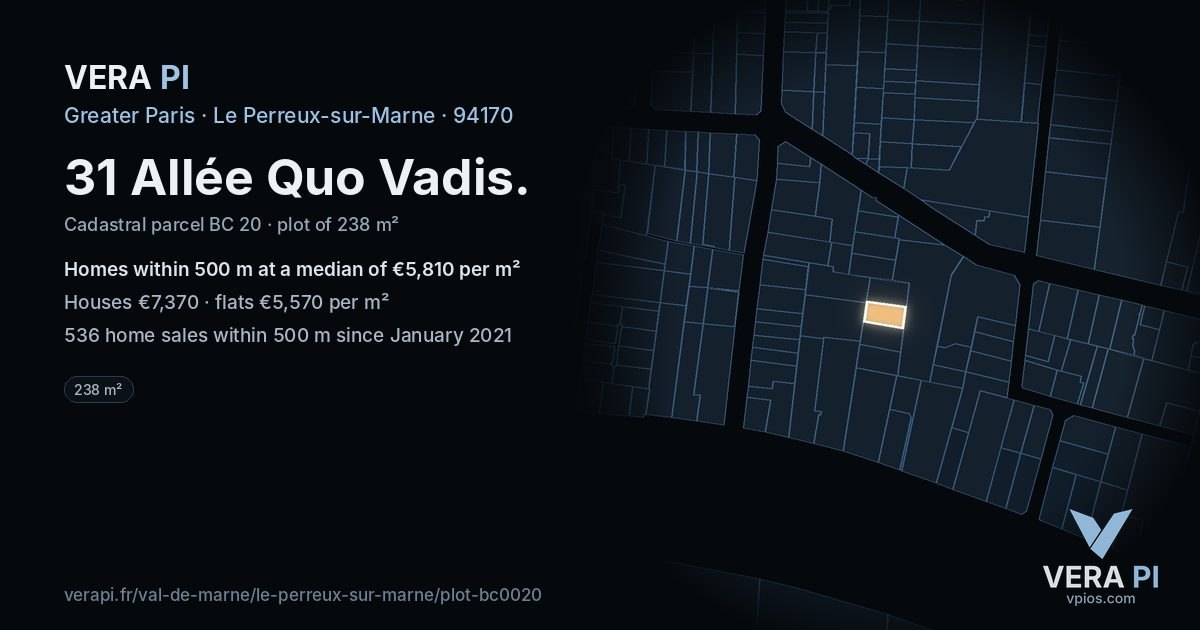 31 Allée Quo Vadis, Le Perreux-sur-Marne at night – the plot lit, the parcels around coloured by the prices near them
