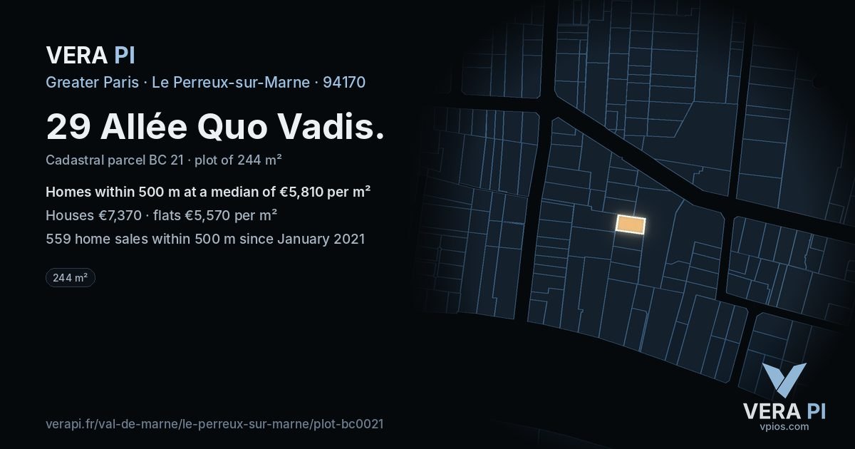 29 Allée Quo Vadis, Le Perreux-sur-Marne at night – the plot lit, the parcels around coloured by the prices near them