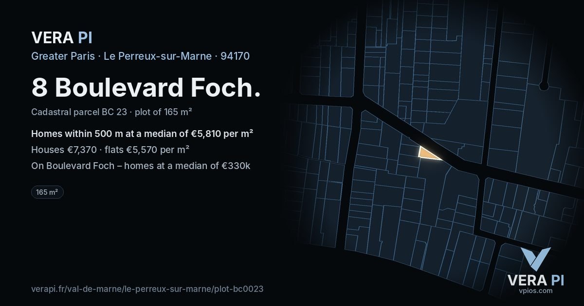 8 Boulevard Foch, Le Perreux-sur-Marne at night – the plot lit, the parcels around coloured by the prices near them