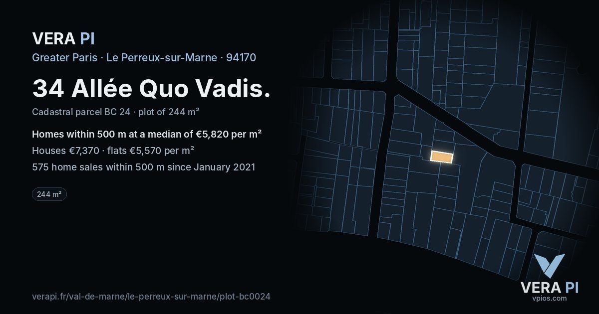 34 Allée Quo Vadis, Le Perreux-sur-Marne at night – the plot lit, the parcels around coloured by the prices near them