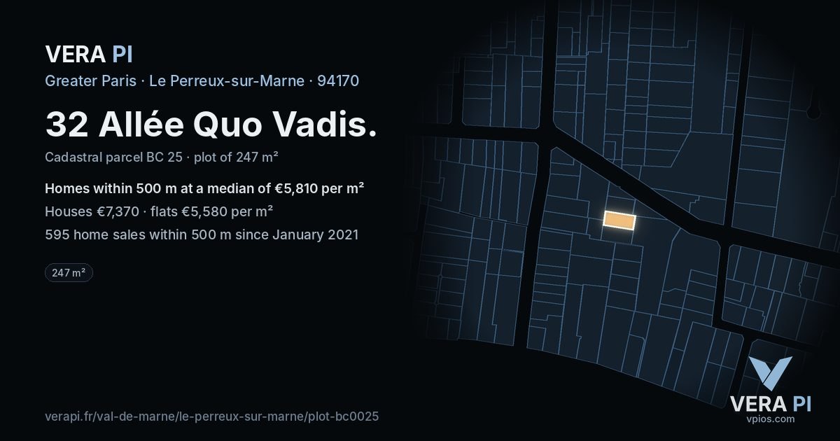 32 Allée Quo Vadis, Le Perreux-sur-Marne at night – the plot lit, the parcels around coloured by the prices near them