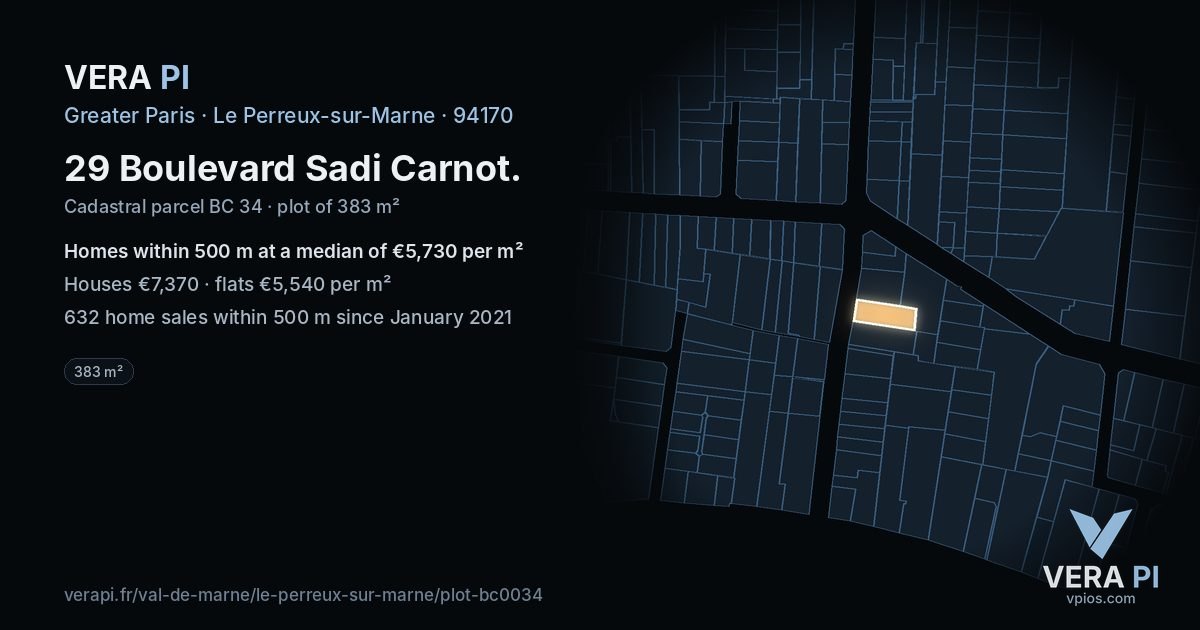 29 Boulevard Sadi Carnot, Le Perreux-sur-Marne at night – the plot lit, the parcels around coloured by the prices near them