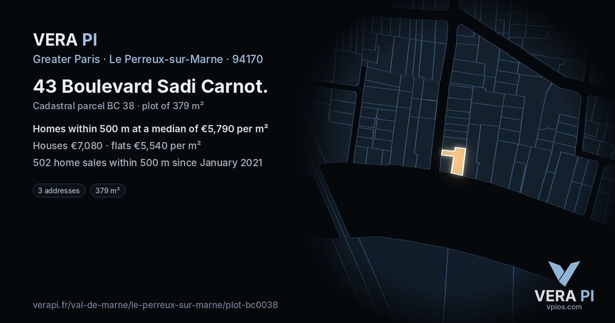 43 Boulevard Sadi Carnot, Le Perreux-sur-Marne at night – the plot lit, the parcels around coloured by the prices near them