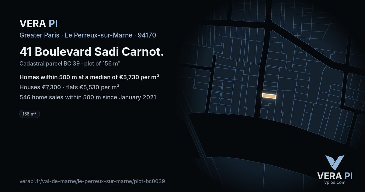 41 Boulevard Sadi Carnot, Le Perreux-sur-Marne at night – the plot lit, the parcels around coloured by the prices near them