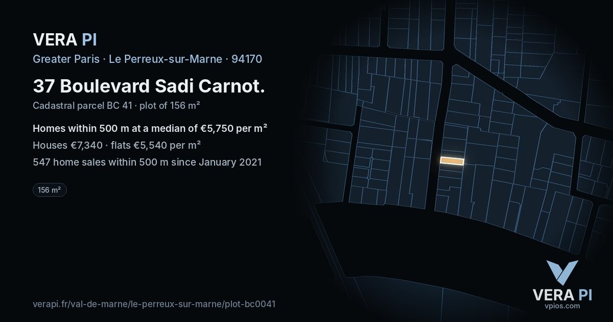 37 Boulevard Sadi Carnot, Le Perreux-sur-Marne at night – the plot lit, the parcels around coloured by the prices near them
