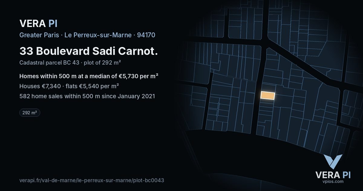 33 Boulevard Sadi Carnot, Le Perreux-sur-Marne at night – the plot lit, the parcels around coloured by the prices near them