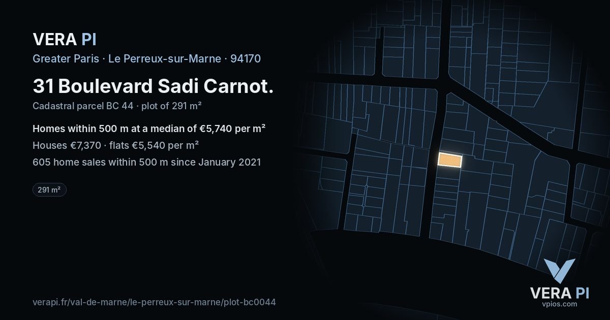 31 Boulevard Sadi Carnot, Le Perreux-sur-Marne at night – the plot lit, the parcels around coloured by the prices near them
