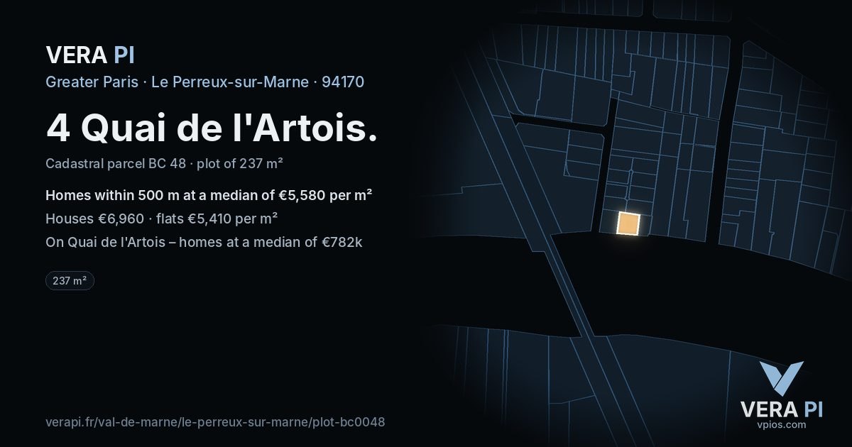 4 Quai de l'Artois, Le Perreux-sur-Marne at night – the plot lit, the parcels around coloured by the prices near them
