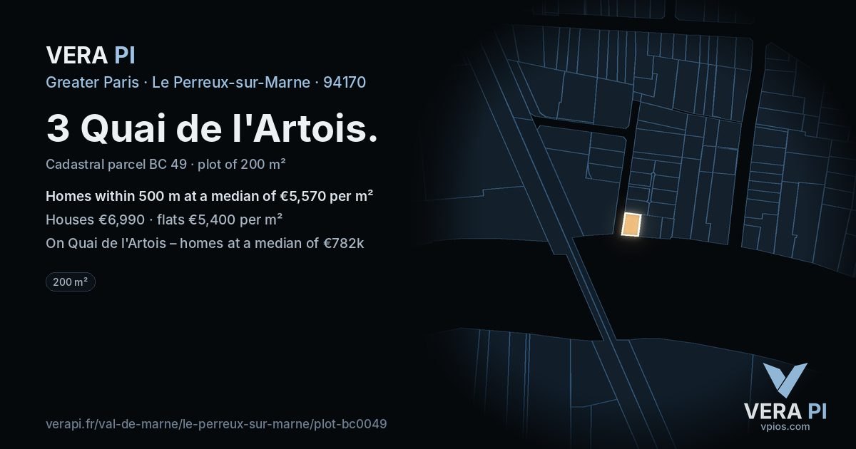 3 Quai de l'Artois, Le Perreux-sur-Marne at night – the plot lit, the parcels around coloured by the prices near them