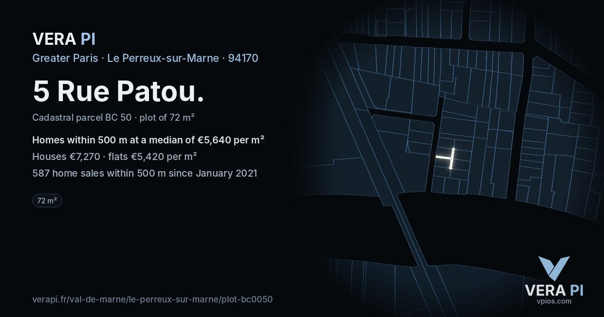 5 Rue Patou, Le Perreux-sur-Marne at night – the plot lit, the parcels around coloured by the prices near them