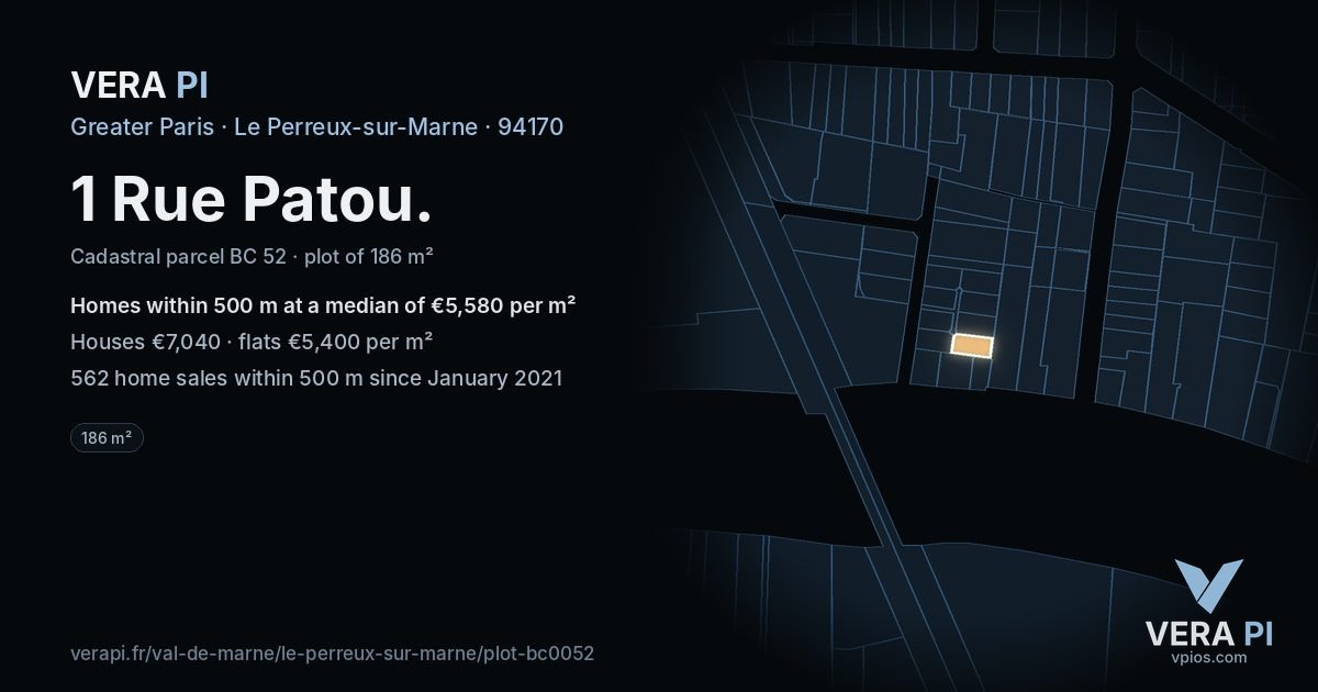 1 Rue Patou, Le Perreux-sur-Marne at night – the plot lit, the parcels around coloured by the prices near them