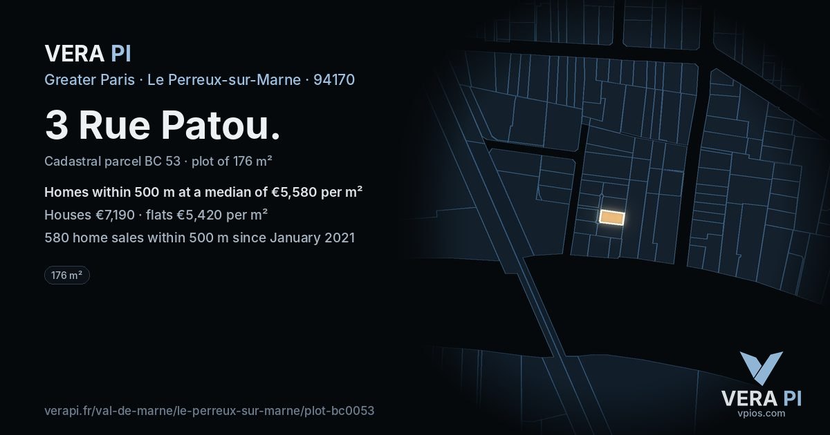 3 Rue Patou, Le Perreux-sur-Marne at night – the plot lit, the parcels around coloured by the prices near them