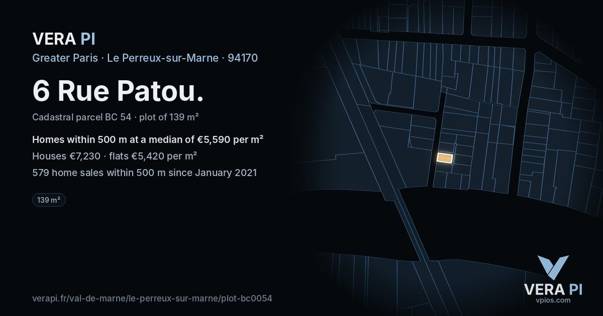 6 Rue Patou, Le Perreux-sur-Marne at night – the plot lit, the parcels around coloured by the prices near them