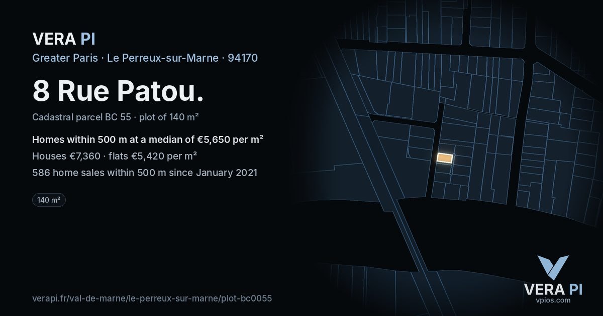 8 Rue Patou, Le Perreux-sur-Marne at night – the plot lit, the parcels around coloured by the prices near them