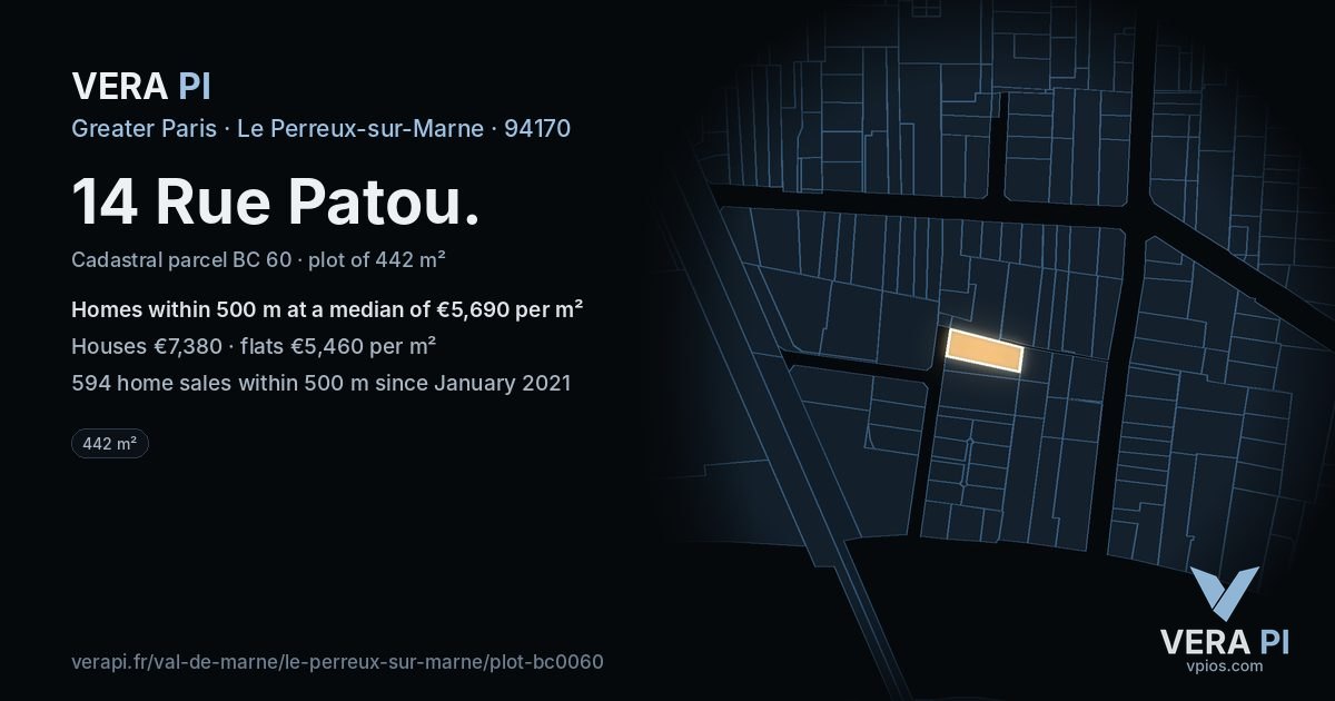 14 Rue Patou, Le Perreux-sur-Marne at night – the plot lit, the parcels around coloured by the prices near them