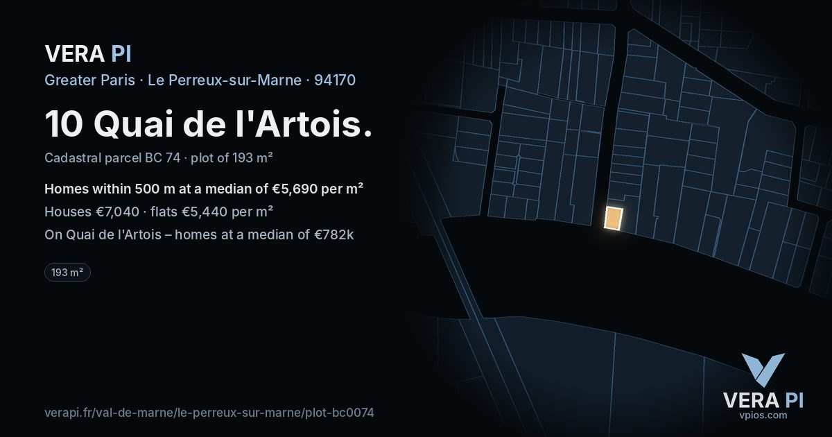 10 Quai de l'Artois, Le Perreux-sur-Marne at night – the plot lit, the parcels around coloured by the prices near them