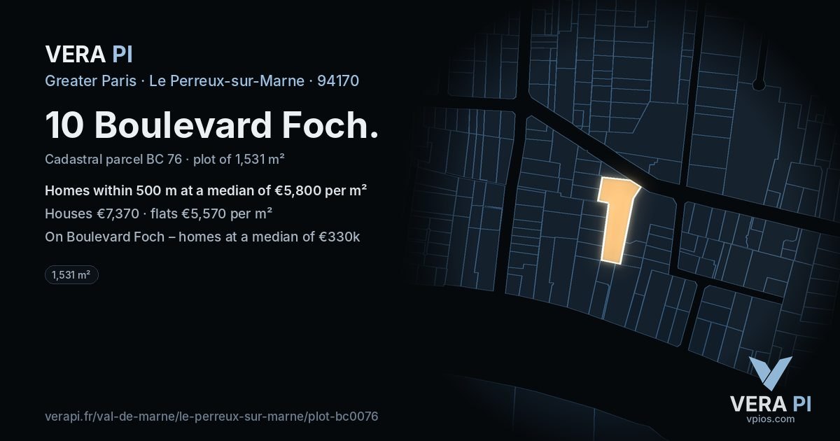 10 Boulevard Foch, Le Perreux-sur-Marne at night – the plot lit, the parcels around coloured by the prices near them