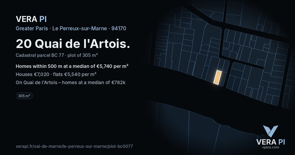 20 Quai de l'Artois, Le Perreux-sur-Marne at night – the plot lit, the parcels around coloured by the prices near them