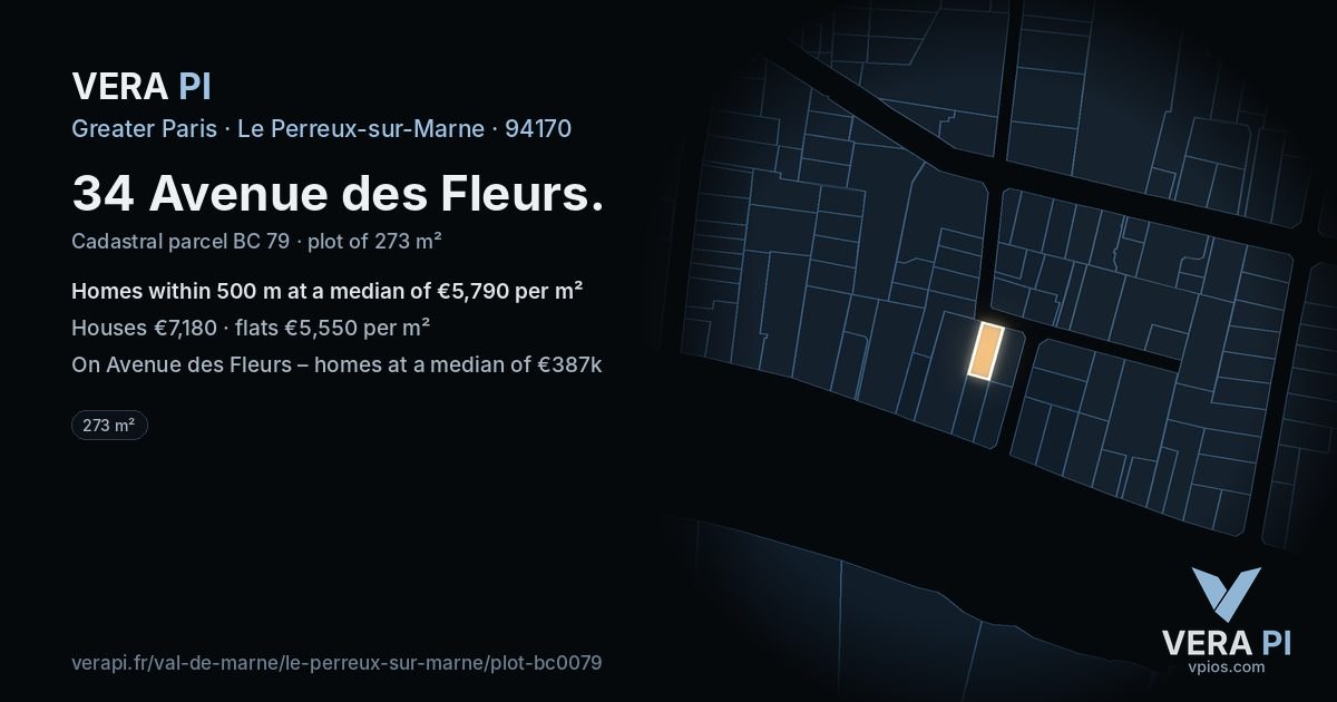 34 Avenue des Fleurs, Le Perreux-sur-Marne at night – the plot lit, the parcels around coloured by the prices near them