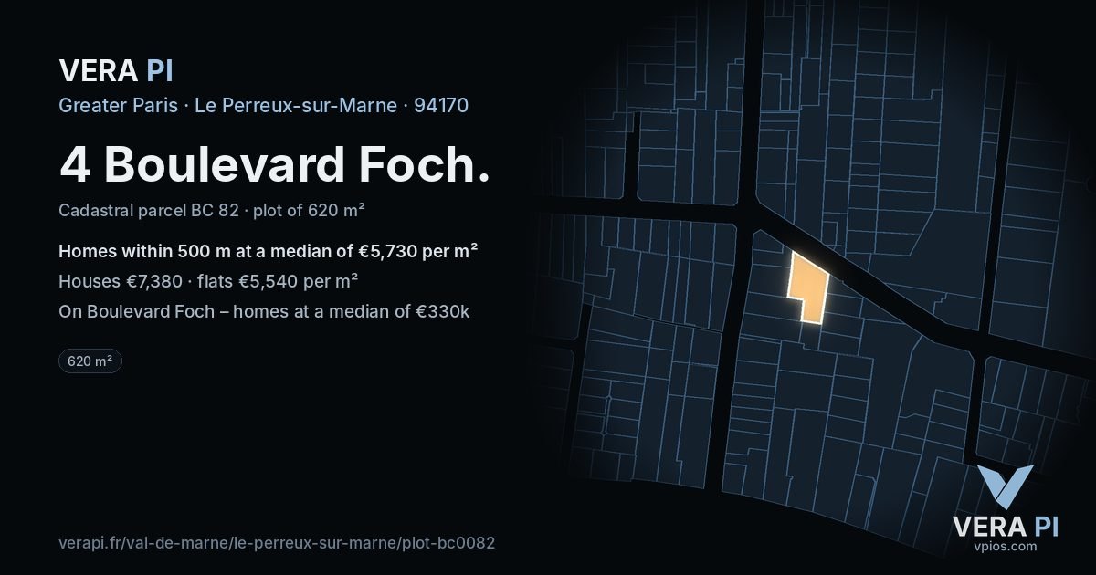 4 Boulevard Foch, Le Perreux-sur-Marne at night – the plot lit, the parcels around coloured by the prices near them