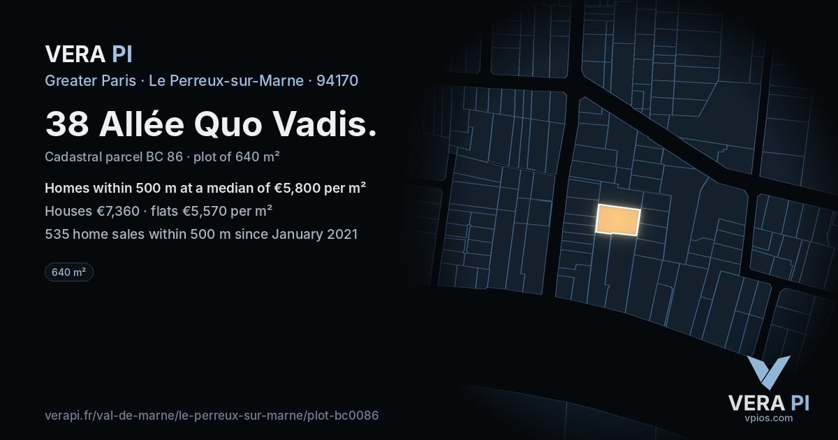 38 Allée Quo Vadis, Le Perreux-sur-Marne at night – the plot lit, the parcels around coloured by the prices near them