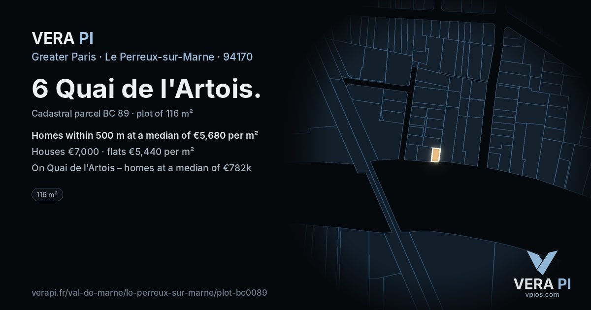 6 Quai de l'Artois, Le Perreux-sur-Marne at night – the plot lit, the parcels around coloured by the prices near them