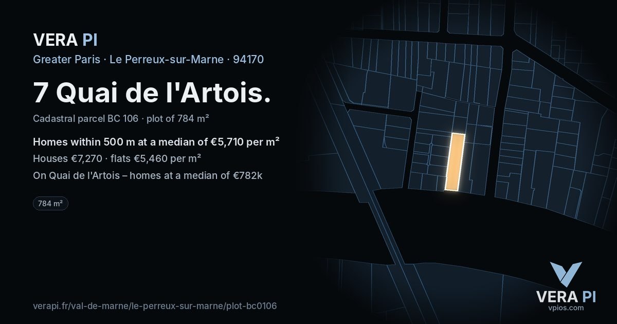 7 Quai de l'Artois, Le Perreux-sur-Marne at night – the plot lit, the parcels around coloured by the prices near them