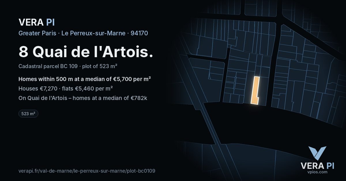8 Quai de l'Artois, Le Perreux-sur-Marne at night – the plot lit, the parcels around coloured by the prices near them