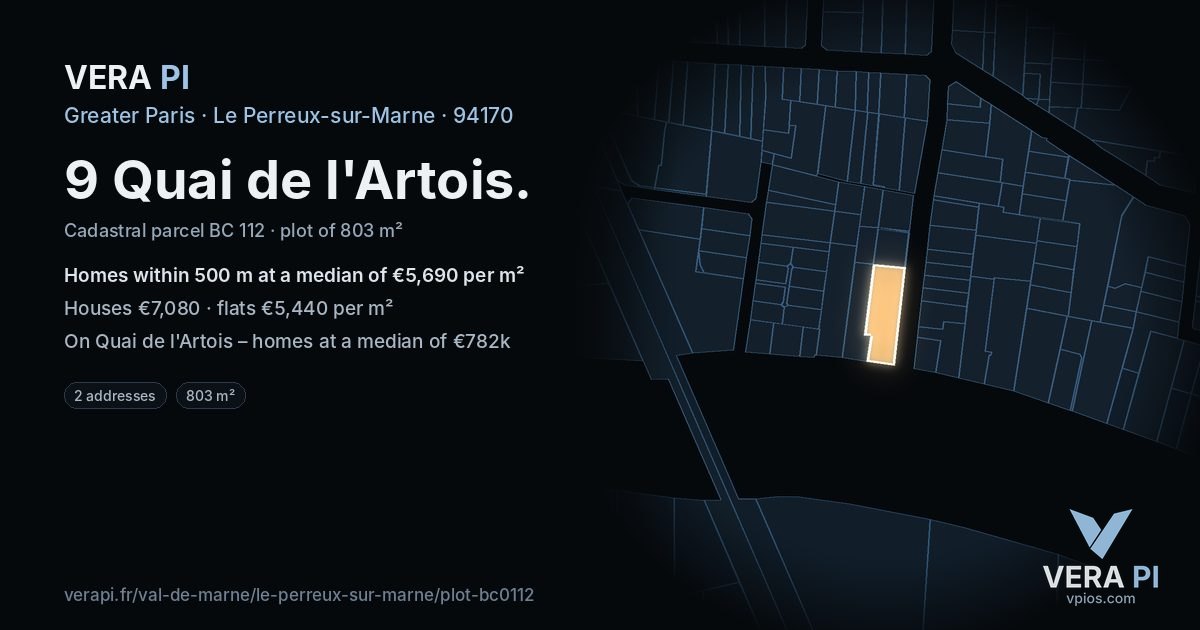 9 Quai de l'Artois, Le Perreux-sur-Marne at night – the plot lit, the parcels around coloured by the prices near them