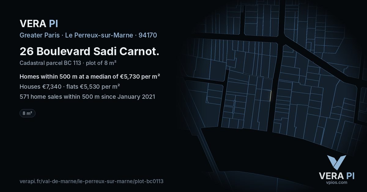 26 Boulevard Sadi Carnot, Le Perreux-sur-Marne at night – the plot lit, the parcels around coloured by the prices near them