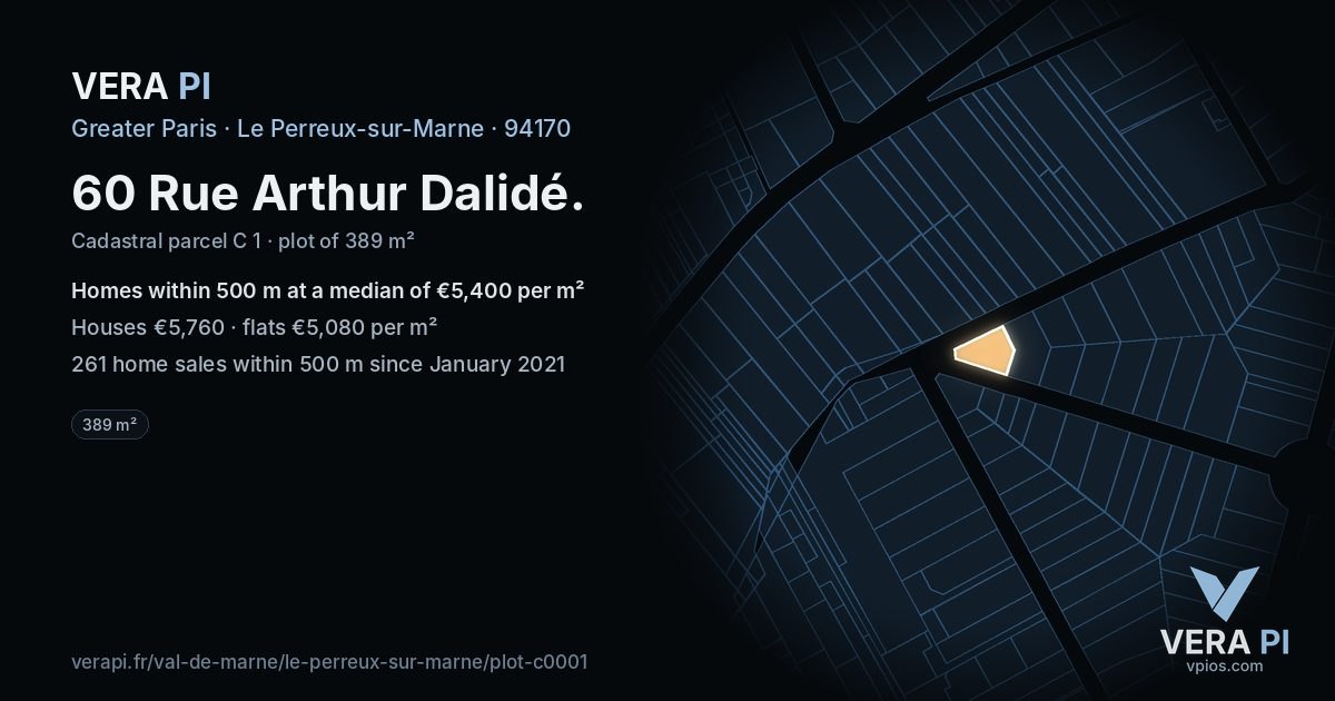 60 Rue Arthur Dalidé, Le Perreux-sur-Marne at night – the plot lit, the parcels around coloured by the prices near them